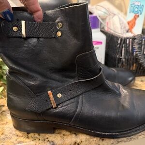 Joie Black Leather Boots with Strap and Gold Accents